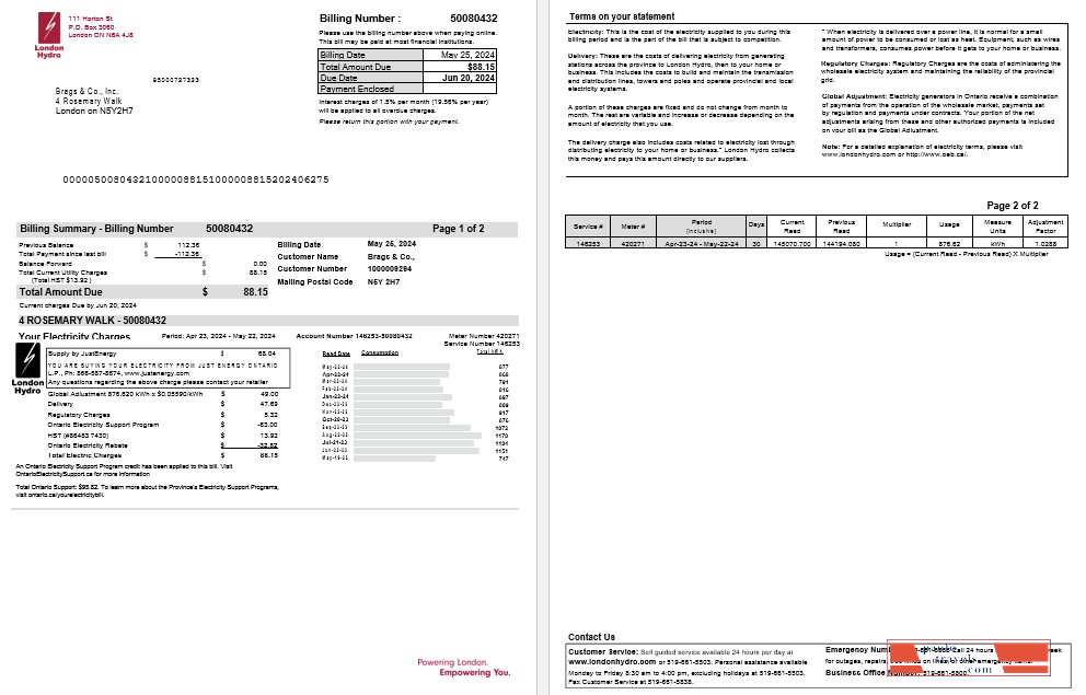 Canada Ontario London Hydro business utility bill Word and PDF template PSD template
